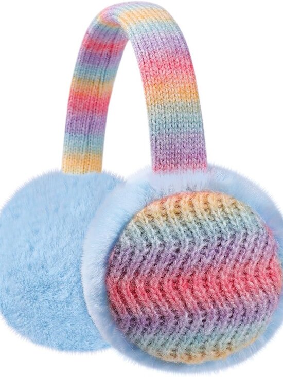 ⚡Kid Rainbow Blue Knitted Rainbow Winter Outdoor Plush Adjustable Warm Ear Muffs - Picture 1 of 9